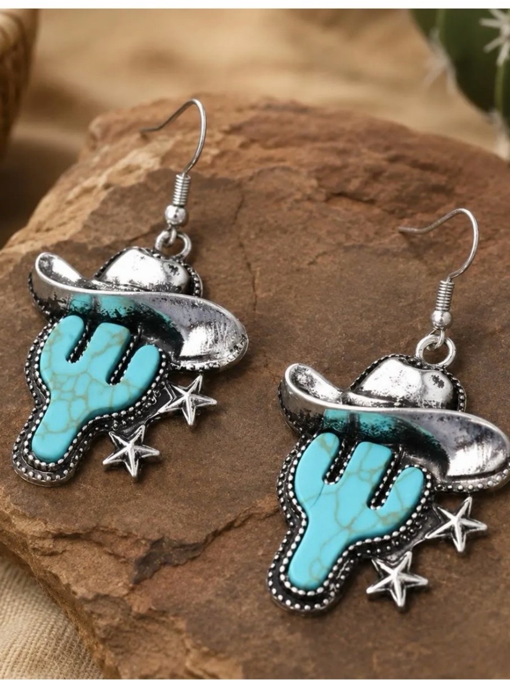 Hippie by Jolli Molli Tourquoise Cactus Cowboy Hat Drop Earrings